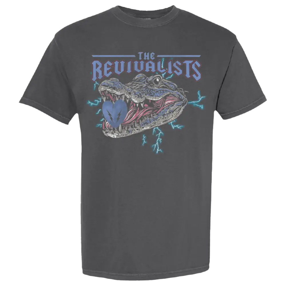 Gray t-shirt with alligator graphic.