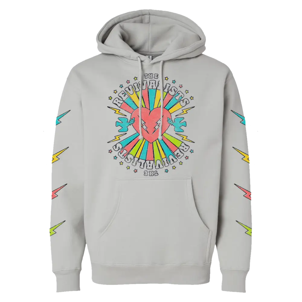 Light gray hoodie with a colorful cartoon rabbit design on the front and lightning bolts on the sleeves.