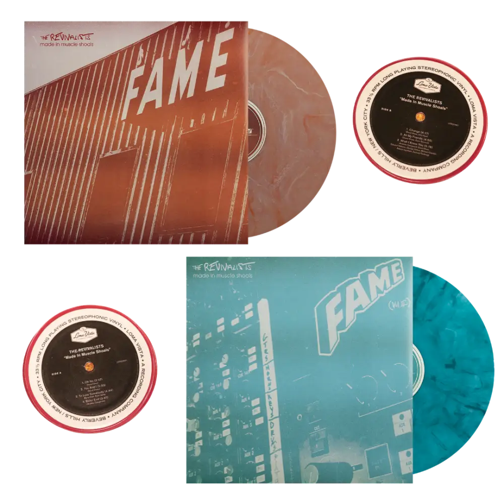 Two vinyl records with album covers featuring the word ’FAME’ in different color schemes.