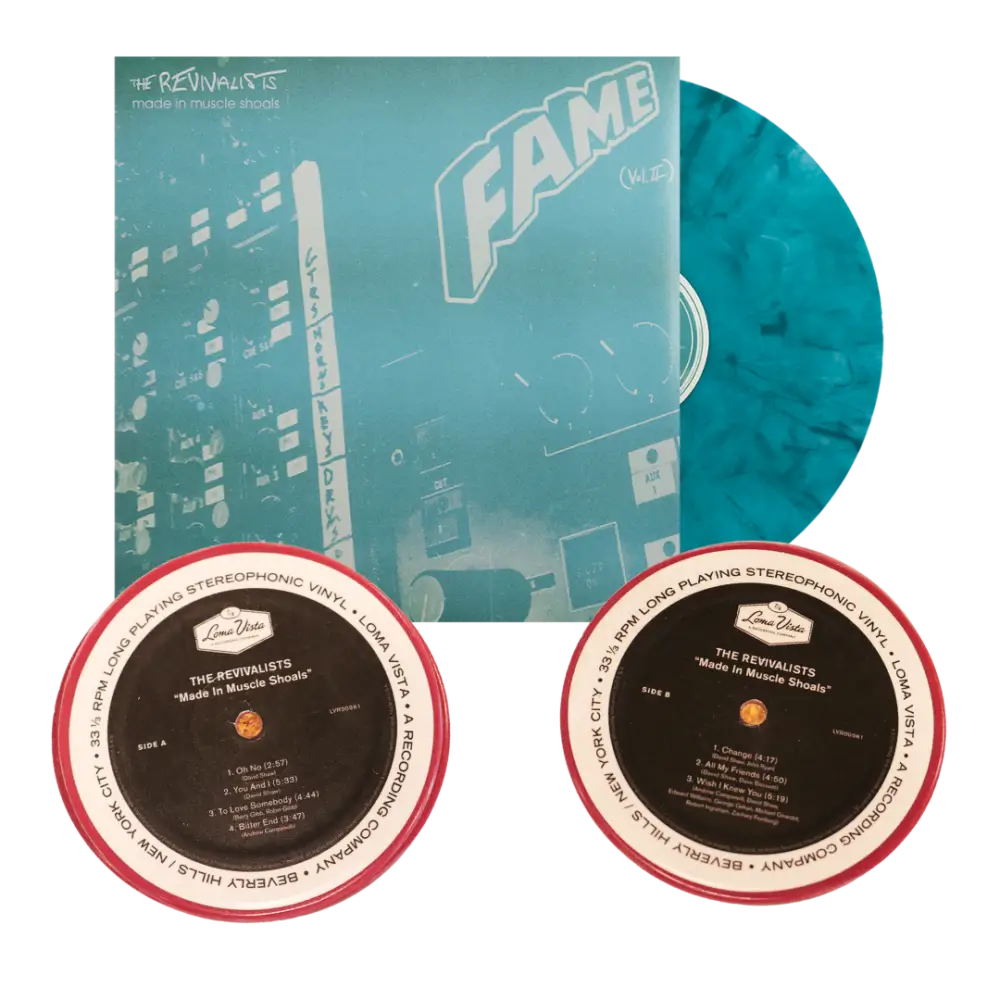 Turquoise vinyl record album with ’FAME’ printed on the cover, accompanied by two record labels.