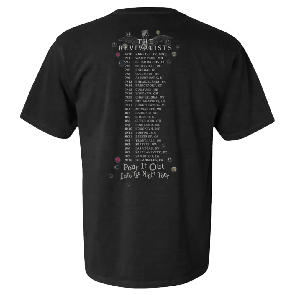 Black t-shirt with tour dates printed on the back for a band called The Revivalists.