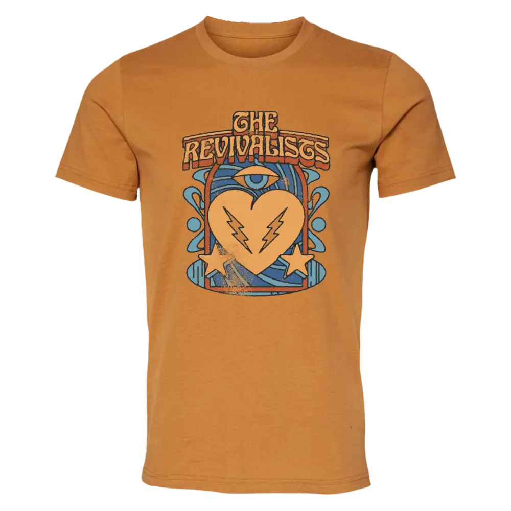 Orange t-shirt featuring a retro-style graphic design with the text ’The Revivalists’ and a heart motif.