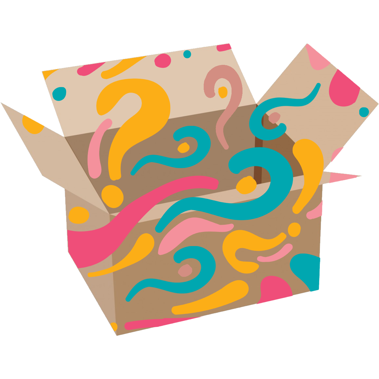 Open cardboard box with colorful question marks.