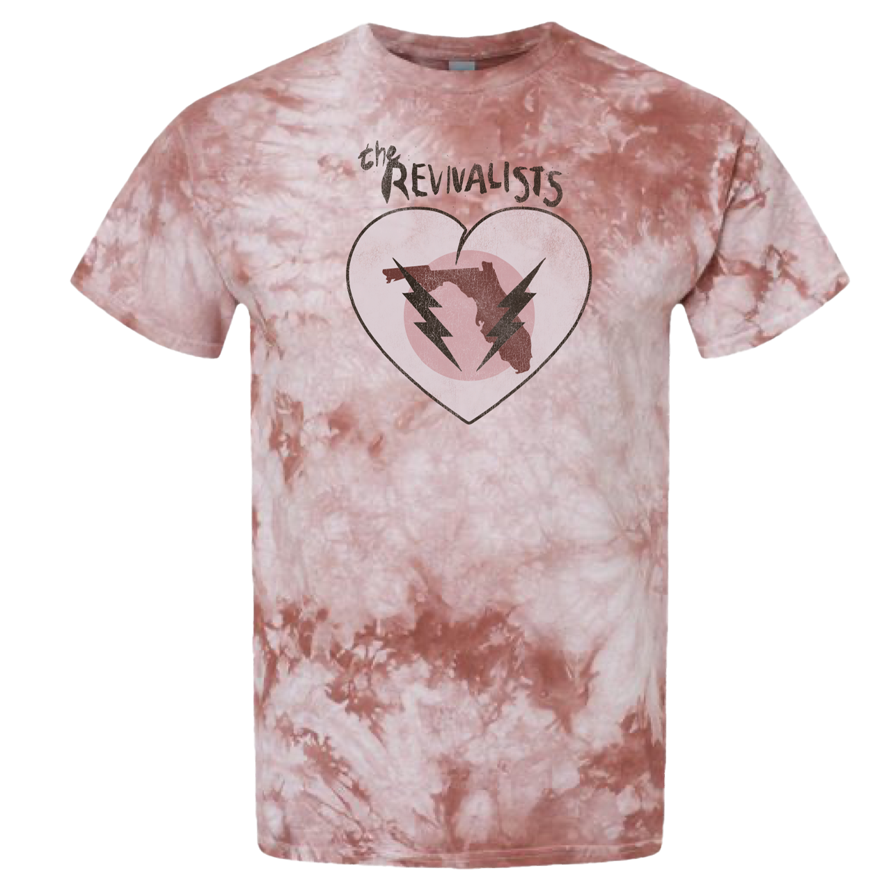 Tie-dye t-shirt with heart and lightning bolt graphic.