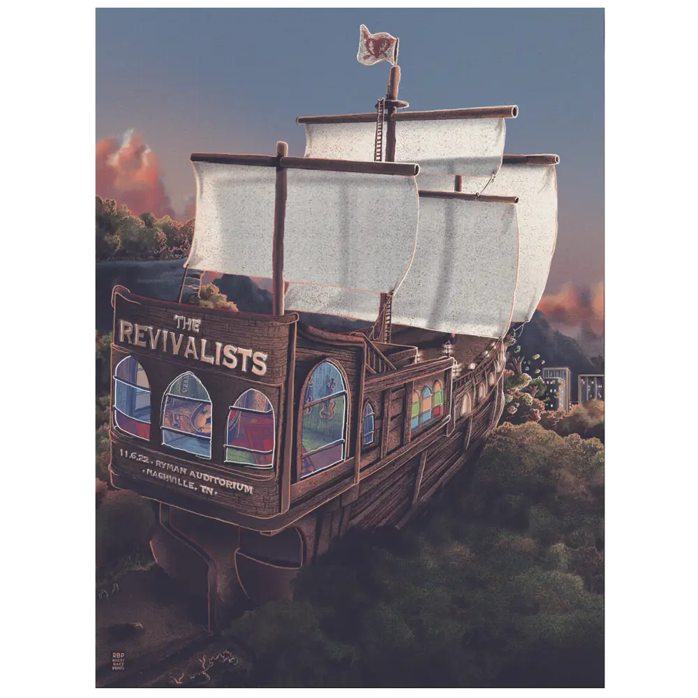 Stylized sailing ship with ’The Revivalists’ written on its side and colorful stained glass-like windows.