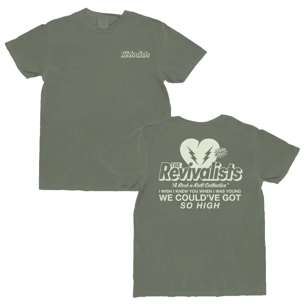 Green t-shirt with 'The Revivalists' logo and text on a white background