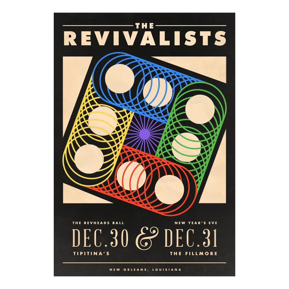 Concert poster for ’The Revivalists’ featuring a geometric design of interlocking colorful circles and curves.