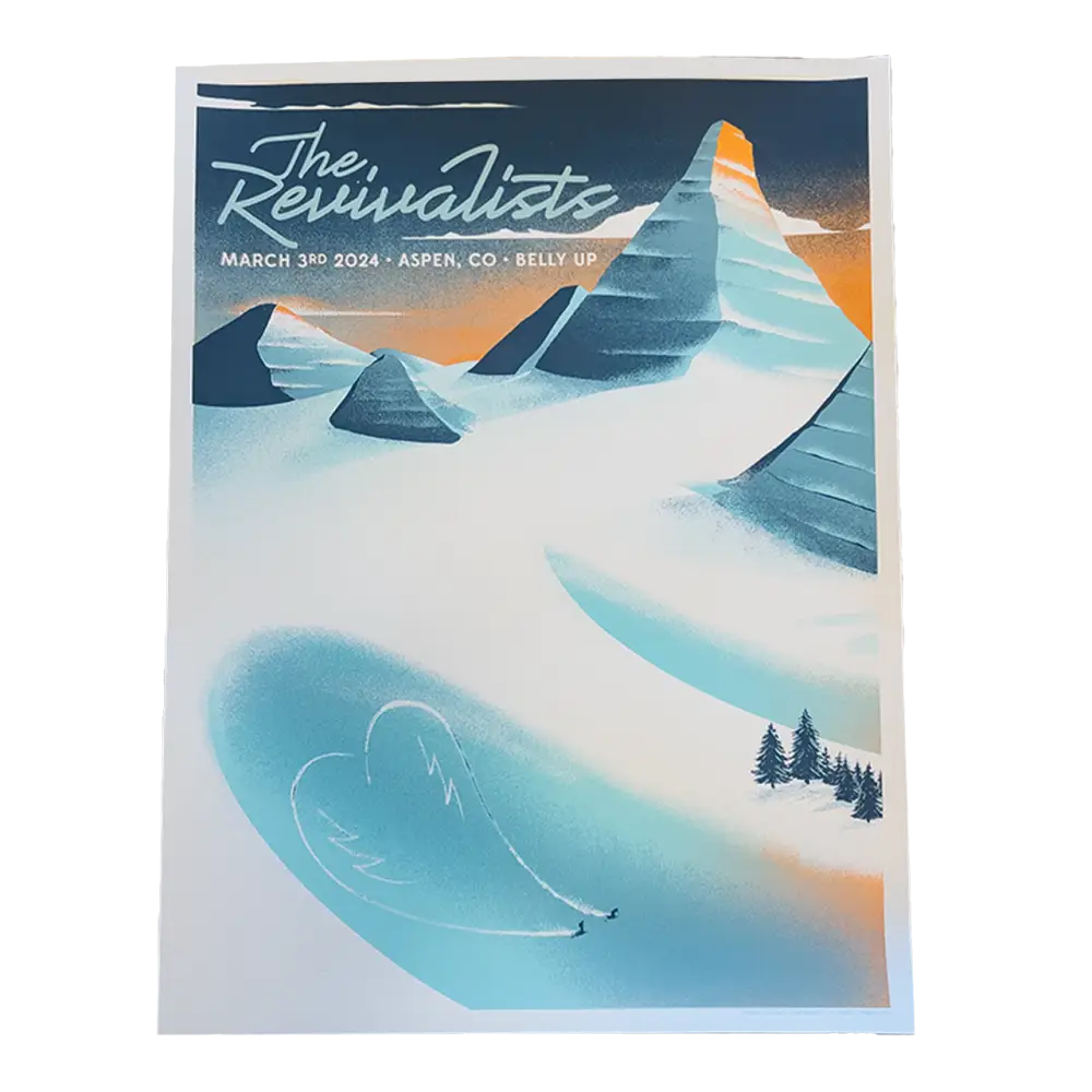 Stylized poster for ’The Revivalists’ event featuring snowy mountain peaks and a ski slope.