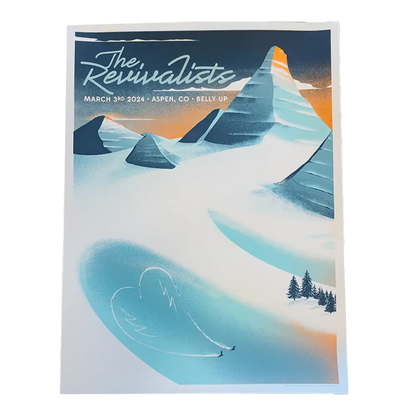 Stylized poster for ’The Revivalists’ event featuring snowy mountain peaks and a ski slope.