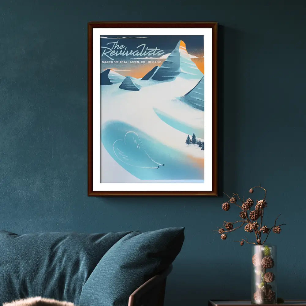 Framed poster depicting a stylized winter mountain landscape with ’The Dolomites’ text.