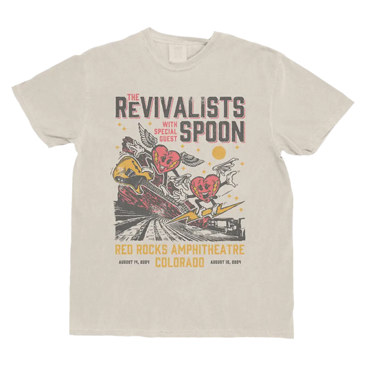 Beige t-shirt with a colorful concert graphic for ’The Revivalists’ and ’Spoon’ at Red Rocks Amphitheatre.