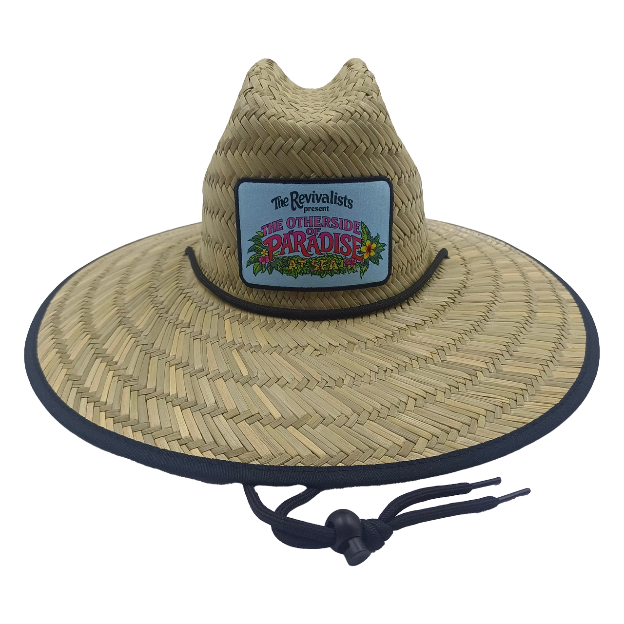 Straw hat with a colorful patch on a white background