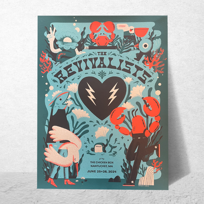 Colorful illustrated poster for ’The Revivalists’ featuring a central heart design surrounded by whimsical sea creatures and plants.