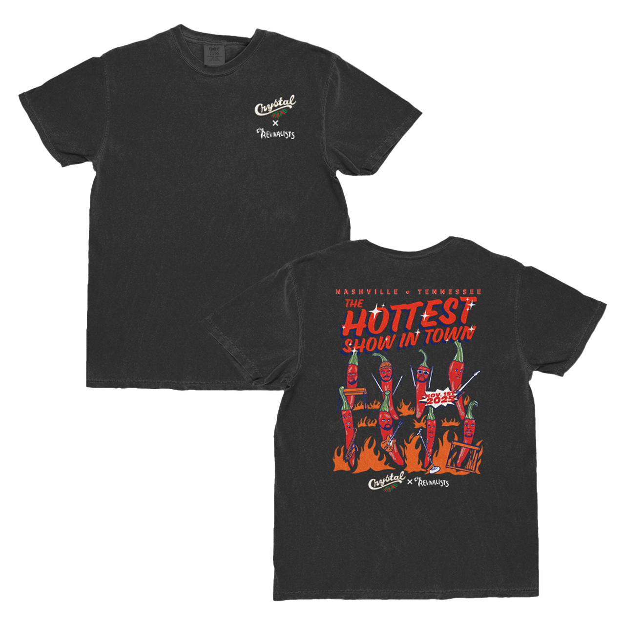 Black t-shirt with graphic design on front and back, featuring text and illustrations.