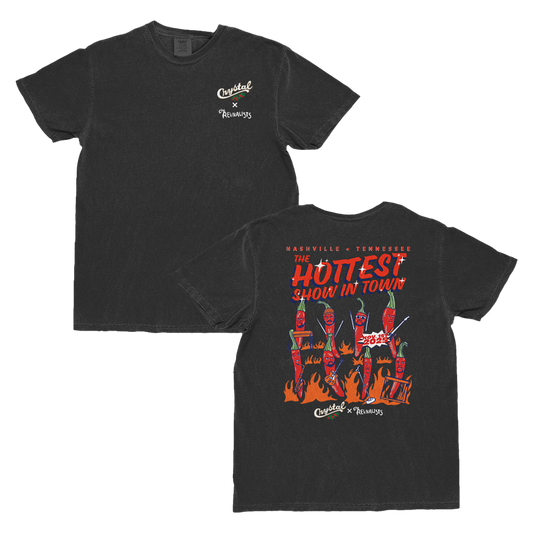 Black t-shirt with graphic design on front and back, featuring text and illustrations.