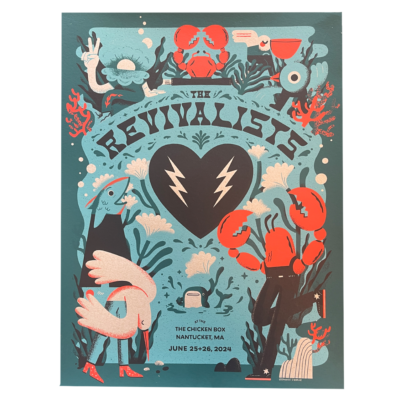 Stylized poster design featuring a dark heart with lightning bolts surrounded by various sea creatures and abstract shapes in coral and teal tones.