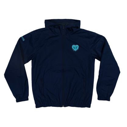 Navy blue zip-up jacket with a teal heart logo on the chest.