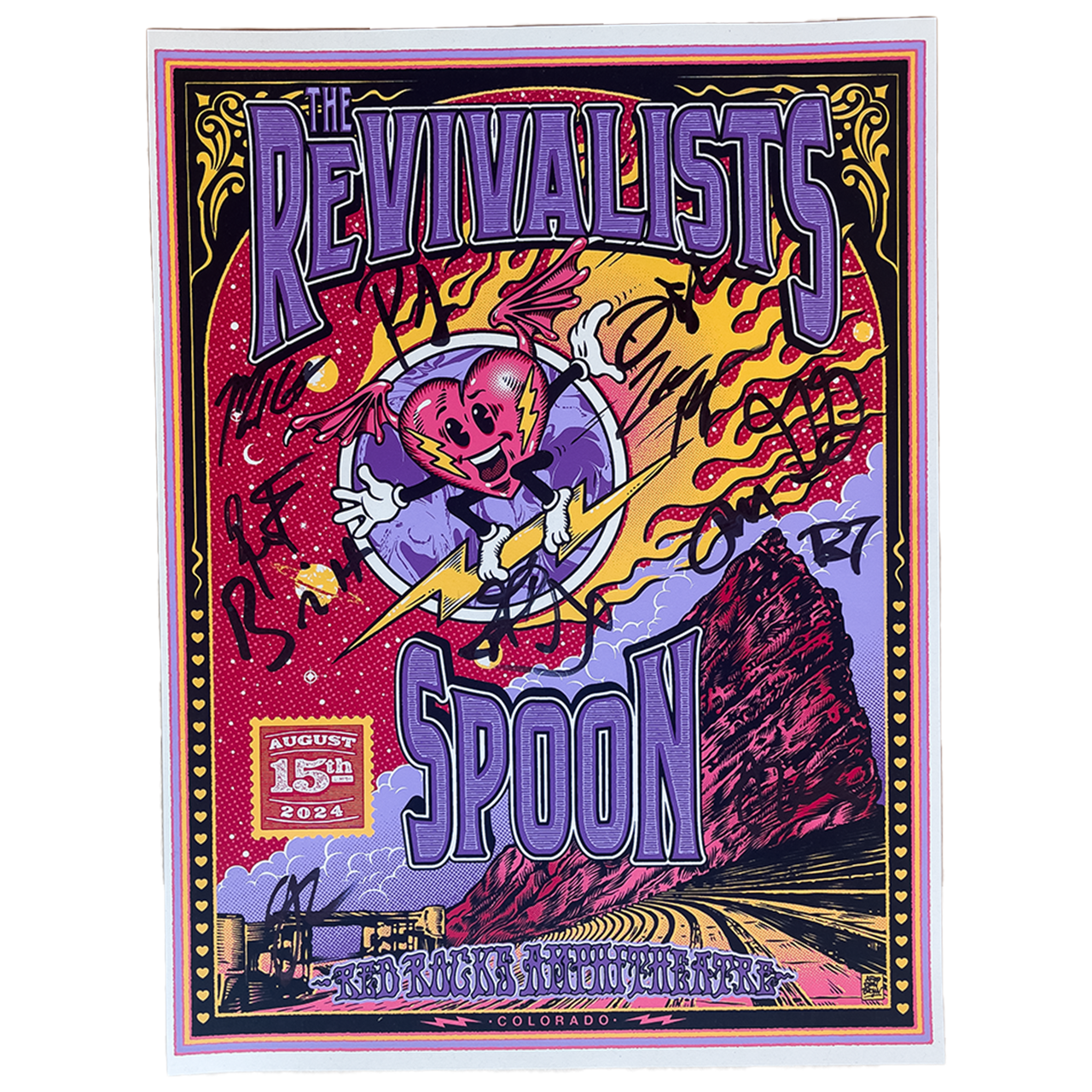 Colorful concert poster for ’The Revivalists’ and ’Spoon’ featuring a flaming heart character playing guitar.