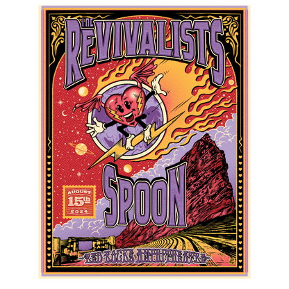 A colorful concert poster featuring a flaming pumpkin-headed figure riding a crescent moon.