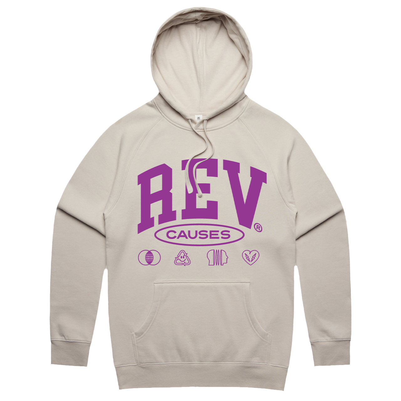 Beige hoodie sweatshirt with purple ’REV CAUSES’ text and small icons printed on the front.