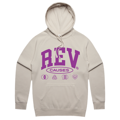 Beige hoodie sweatshirt with purple ’REV CAUSES’ text and small icons printed on the front.