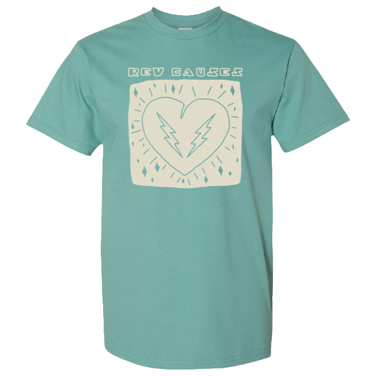 Mint green t-shirt with a heart design and ’NEW SAUCEY’ text printed on the front.