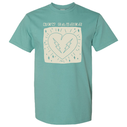 Mint green t-shirt with a heart design and ’NEW SAUCEY’ text printed on the front.