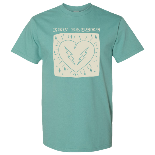 Mint green t-shirt with a heart design and ’NEW SAUCEY’ text printed on the front.