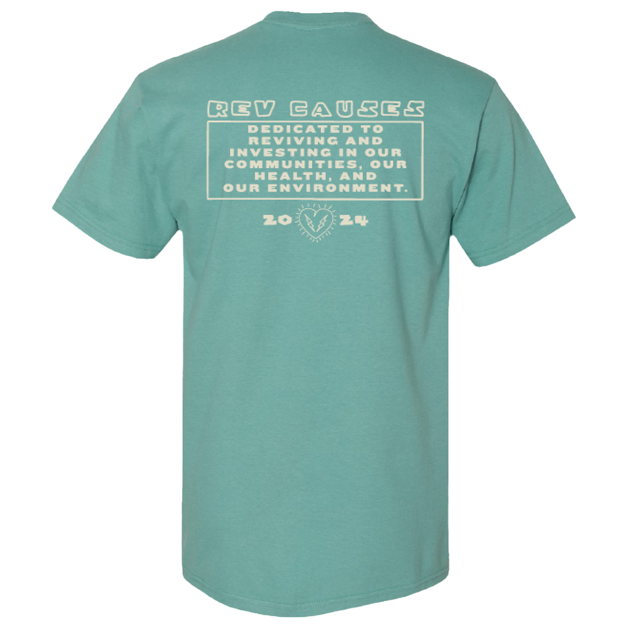 Teal t-shirt with white text about environmental conservation on the back.