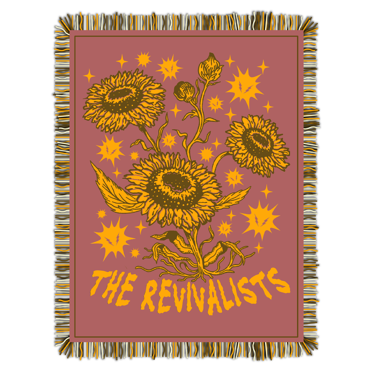 Blanket with sunflower design and 'The Revivalists' text on a pink background
