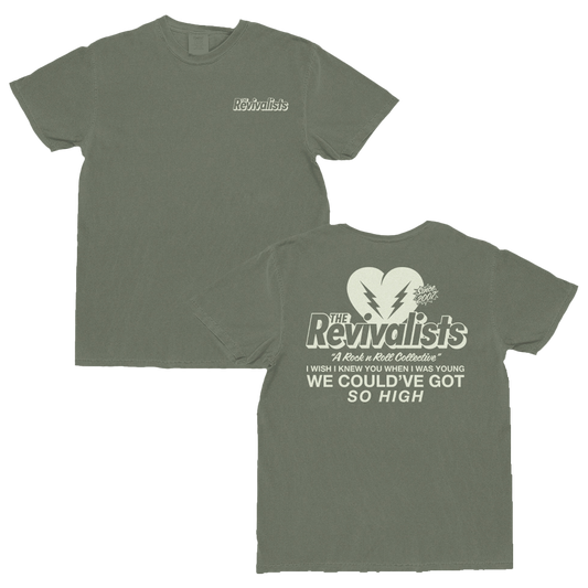 Green t-shirt with 'The Revivalists' logo and text on a white background