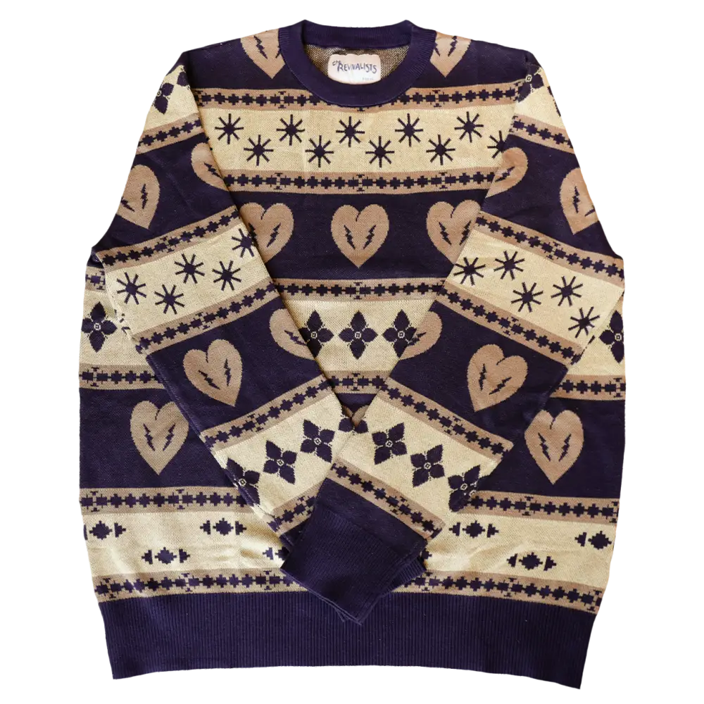 Patterned knit sweater with hearts and geometric designs in navy blue and beige.