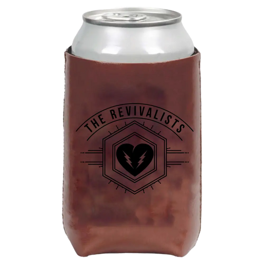 Brown textured badge leather koozie with black the revivalists logo and heart and lightning emblem revivalists official merchandise