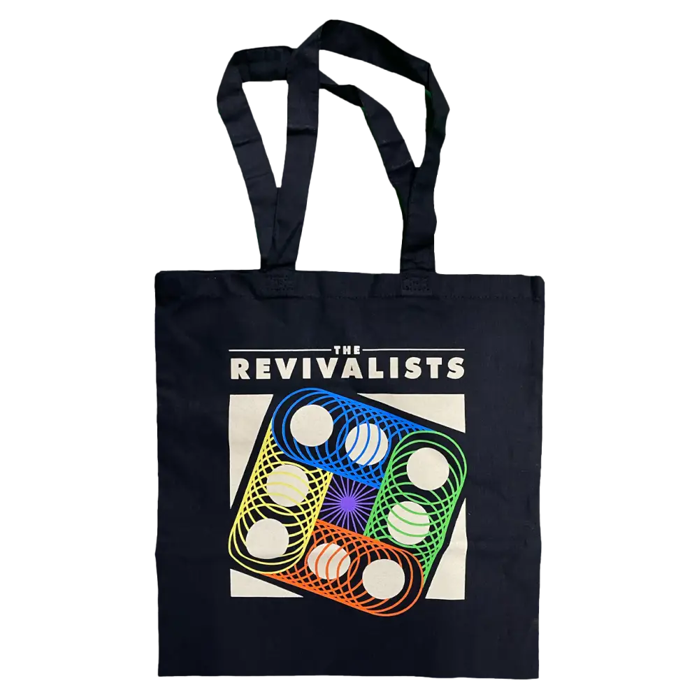 Black tote bag with a colorful geometric design and ’THE REVIVALISTS’ text printed on it.