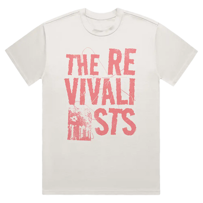 White t-shirt with pink text reading ’THE REVIVALISTS’ and a small graphic.