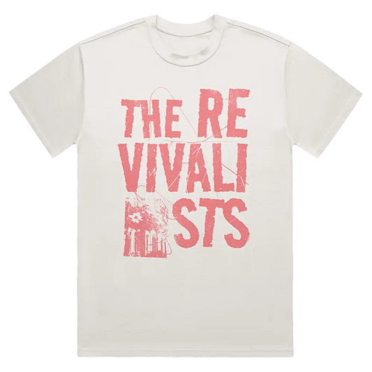 White t-shirt with pink text reading ’THE REVIVALISTS’ and a small graphic.