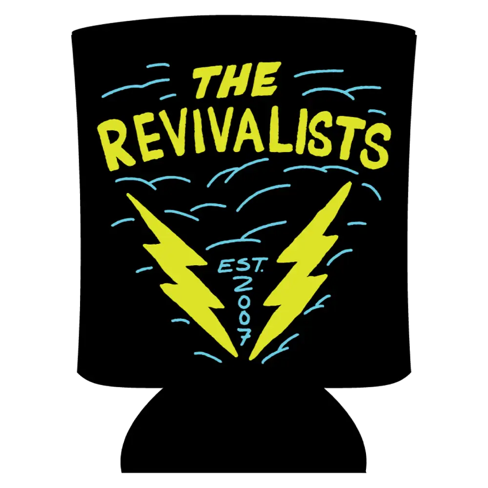 Can cooler featuring ’The Revivalists’ logo with lightning bolts and wavy lines.