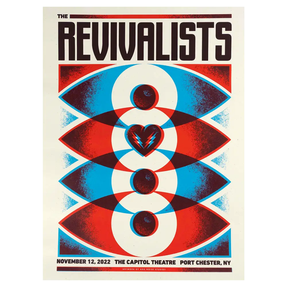 Stylized concert poster featuring overlapping eye and heart shapes in red, white, and blue.