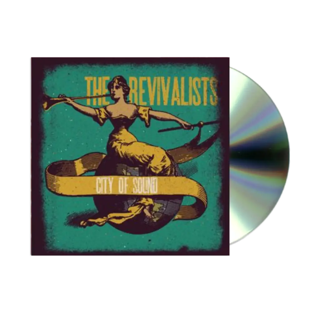 CD album cover for ’City of Sound’ by The Revivalists featuring a stylized illustration of a woman in yellow against a teal background.