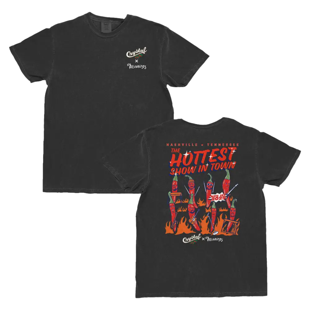 Black t-shirt with graphic design on front and back, featuring text and illustrations.