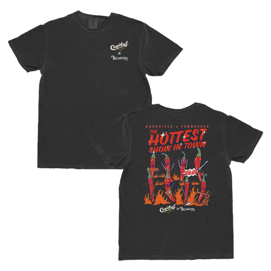 Black t-shirt with graphic design on front and back, featuring text and illustrations.