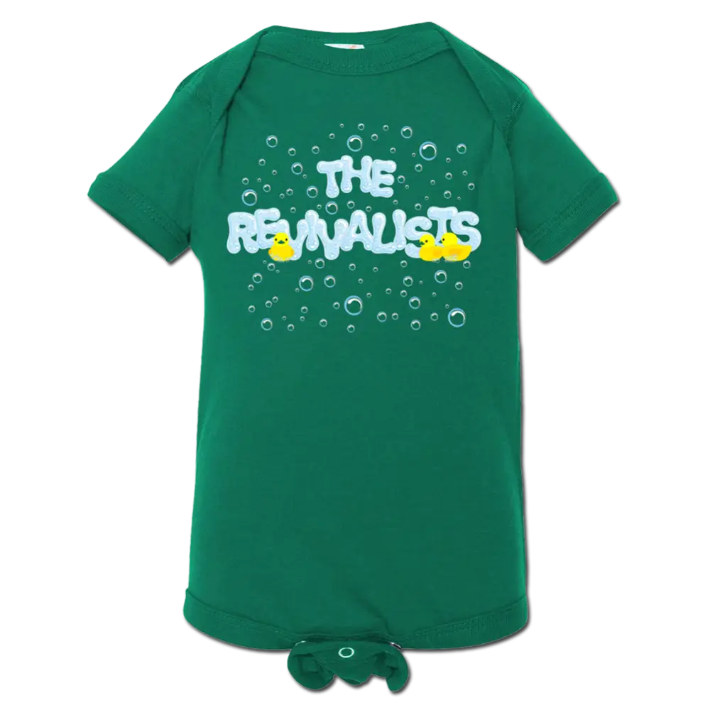 Green infant onesie with ’The Rejuvenators’ text and bubble graphics printed on the front.