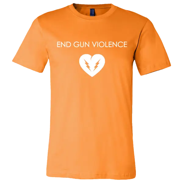 Orange t-shirt with ’END GUN VIOLENCE’ text and a heart symbol.