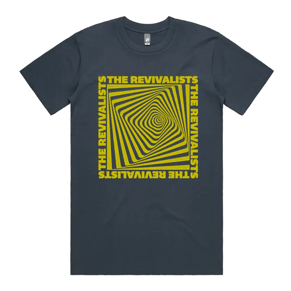 Dark gray t-shirt with yellow optical illusion design and text.