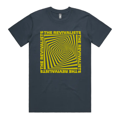 Dark gray t-shirt with yellow optical illusion design and text.