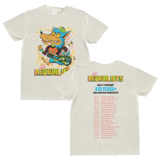 White t-shirt with colorful graphic and text on a white background