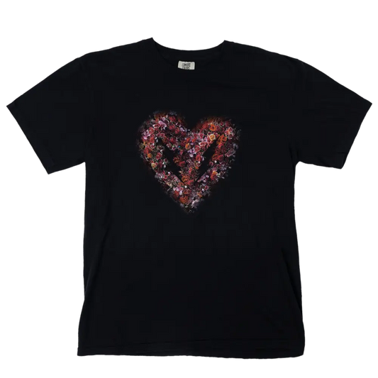 Black t-shirt with a colorful, abstract heart design on the front.