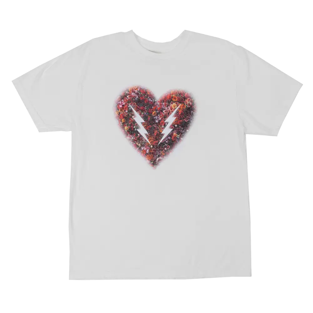 White t-shirt featuring a red heart design with lightning bolt shapes inside.