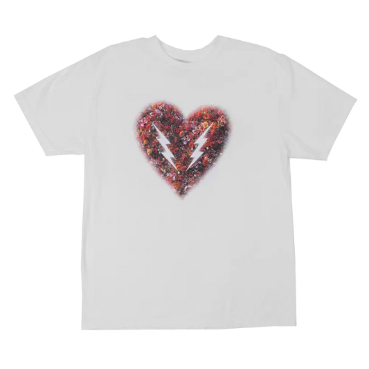 White t-shirt featuring a red heart design with lightning bolt shapes inside.