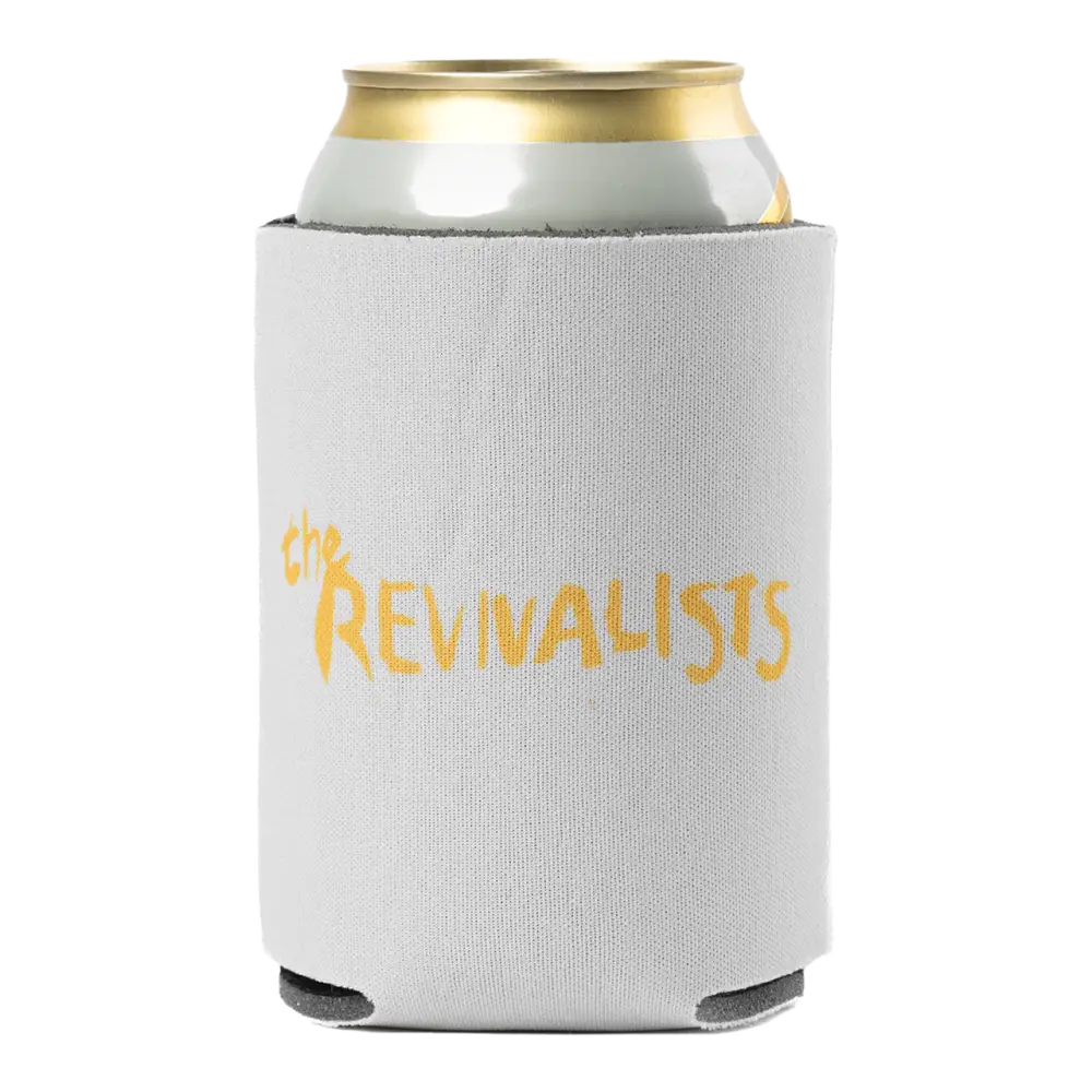 Can cooler sleeve with ’REVIVALISTS’ printed in yellow text.